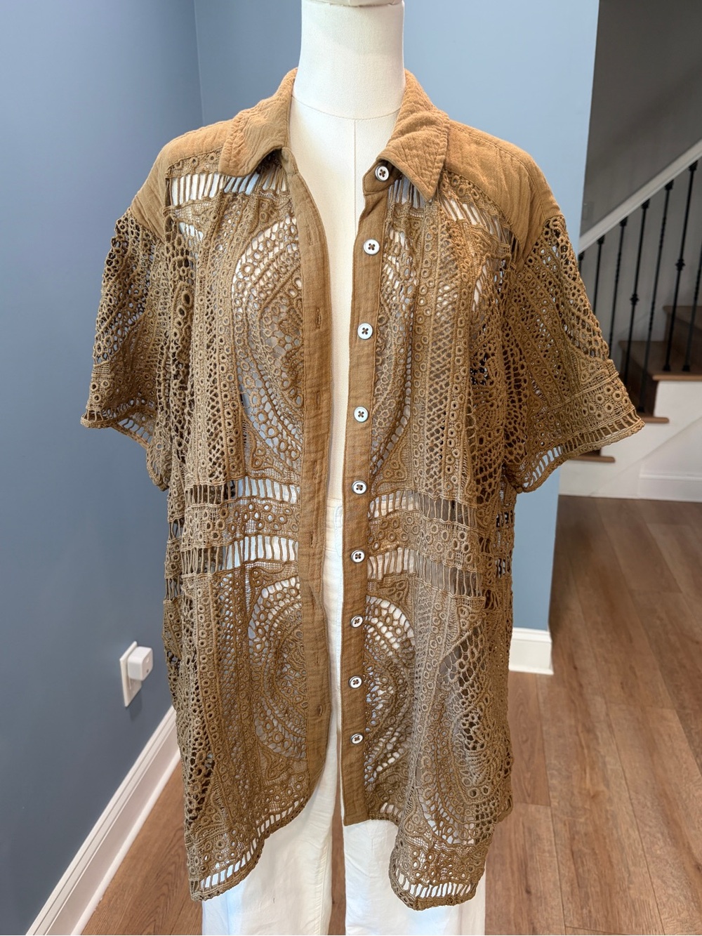 Free People In Your Dreams Lace Buttondown Tea Toasted Cocoa Crochet Tunic S
